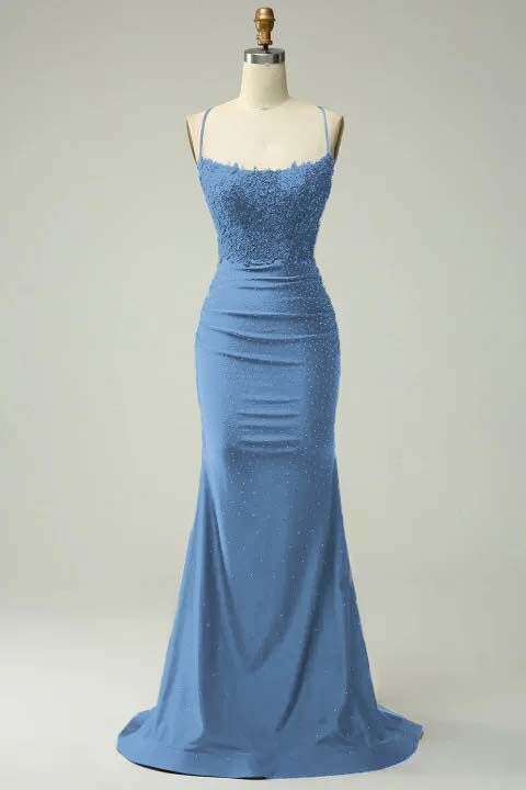 Spaghetti Strap Sleeveless Long Mermaid Prom Dress With Appliques