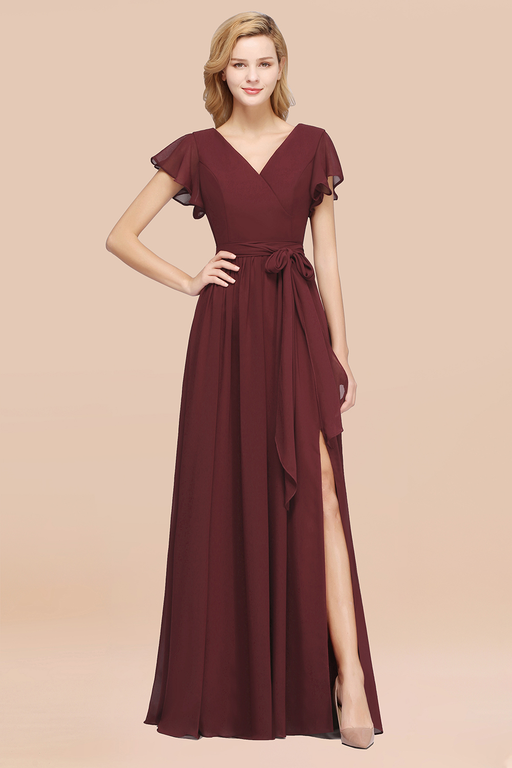 BMbridal Burgundy V-Neck Long Bridesmaid Dress With Short-Sleeves-BMbridal