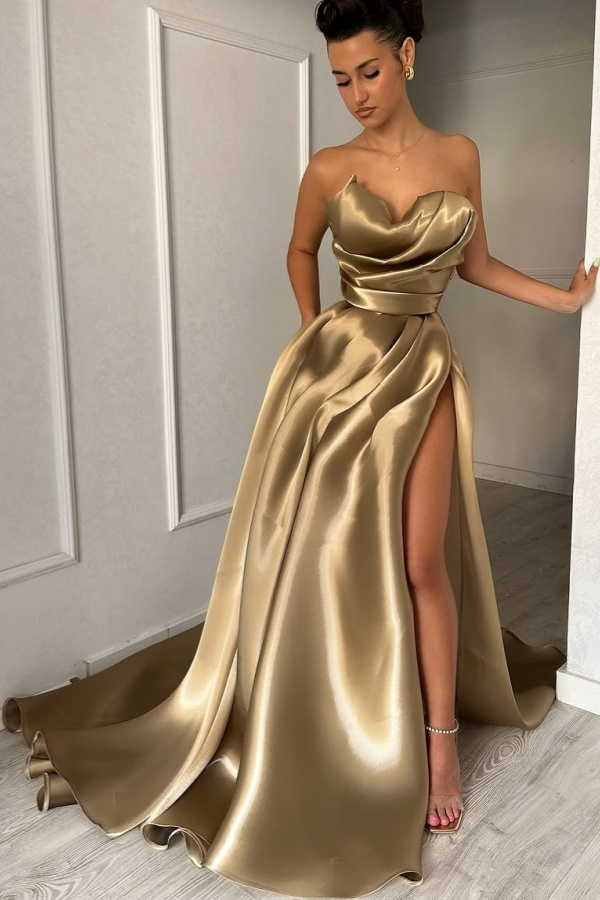 Strapless Sleeveless Long Prom Dress With High Split Pleated