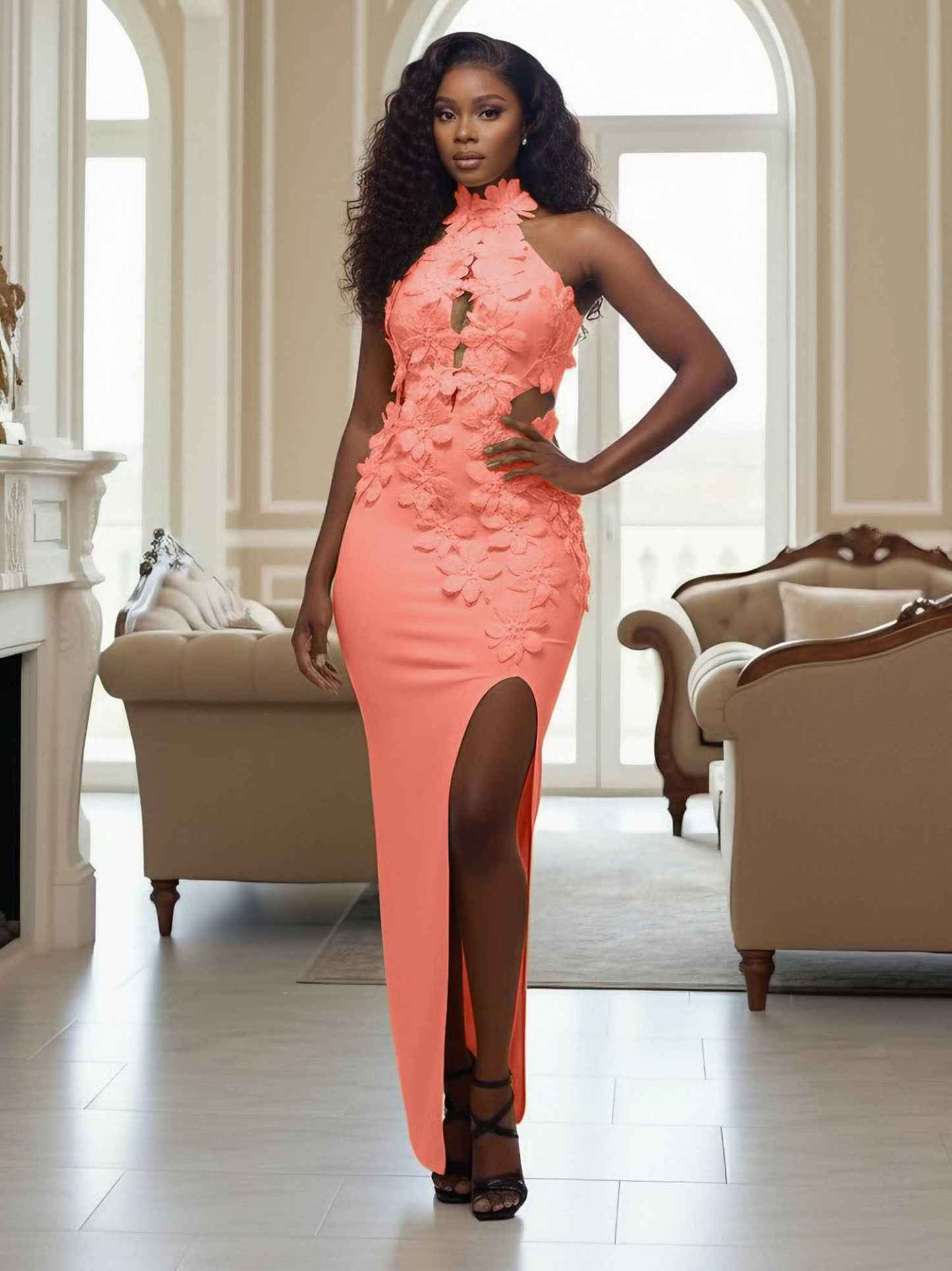 Yellow Halter Neck 3D Flower Mermaid Long Prom Dress with Slit