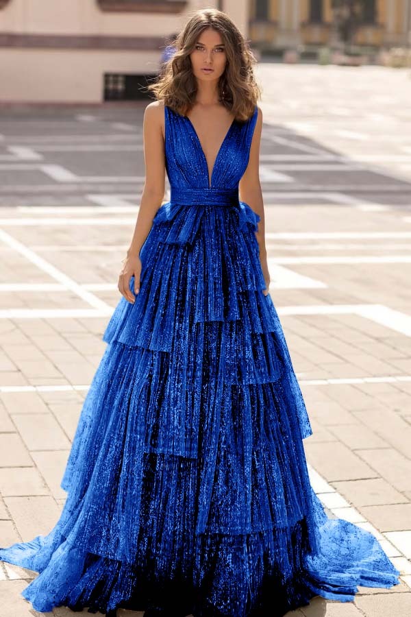 Tulle Straps V Neck Sleeveless Long Prom Dress With Sequin Pleated