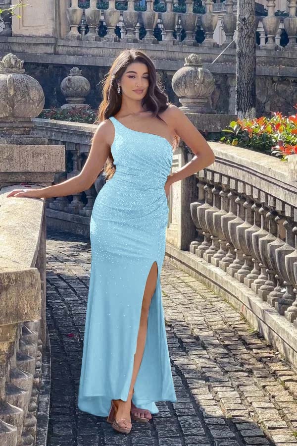 One Shoulder Sleeveless Long Mermaid Prom Dress With Split Beading