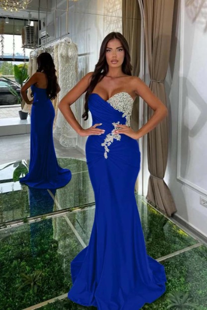 Strapless Sleeveless Long Mermaid Prom Dress With Pleated Beading