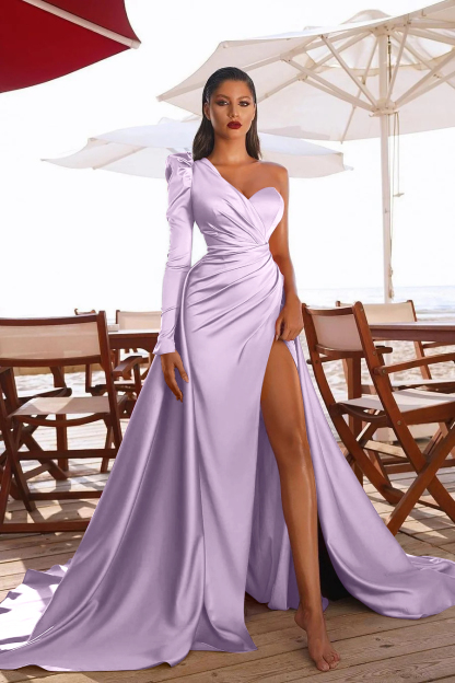 Glamorous One Shoulder Long Sleeve Long Pleated Prom Dress With High Split