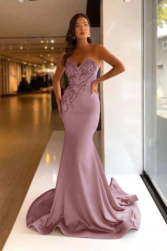 Pretty Strapless Sweetheart Sleeveless Long Mermaid Prom Dress With Beadings