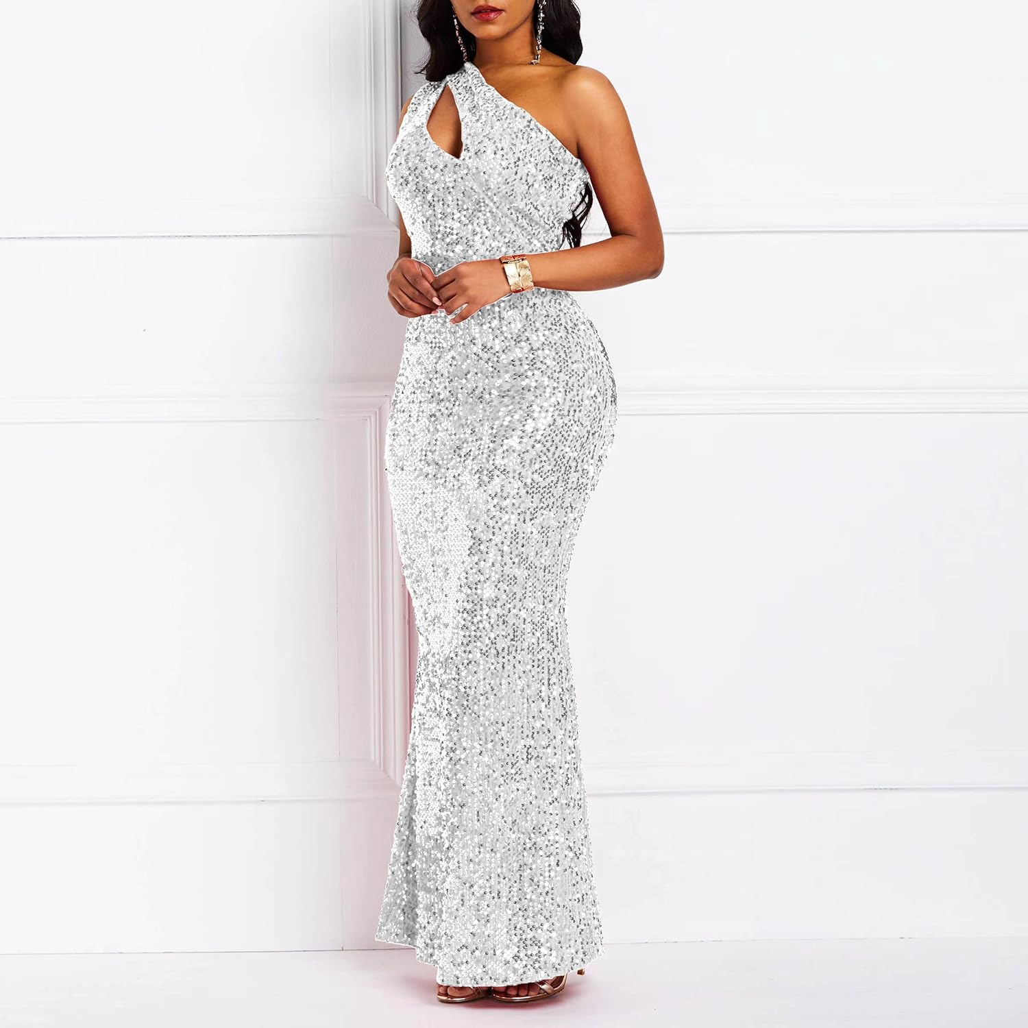 Sequins Fashion Sleeveless Oblique Collar Mermaid Women's Maxi Dress Bodycon Dress Party Dress-BMbridal.UK
