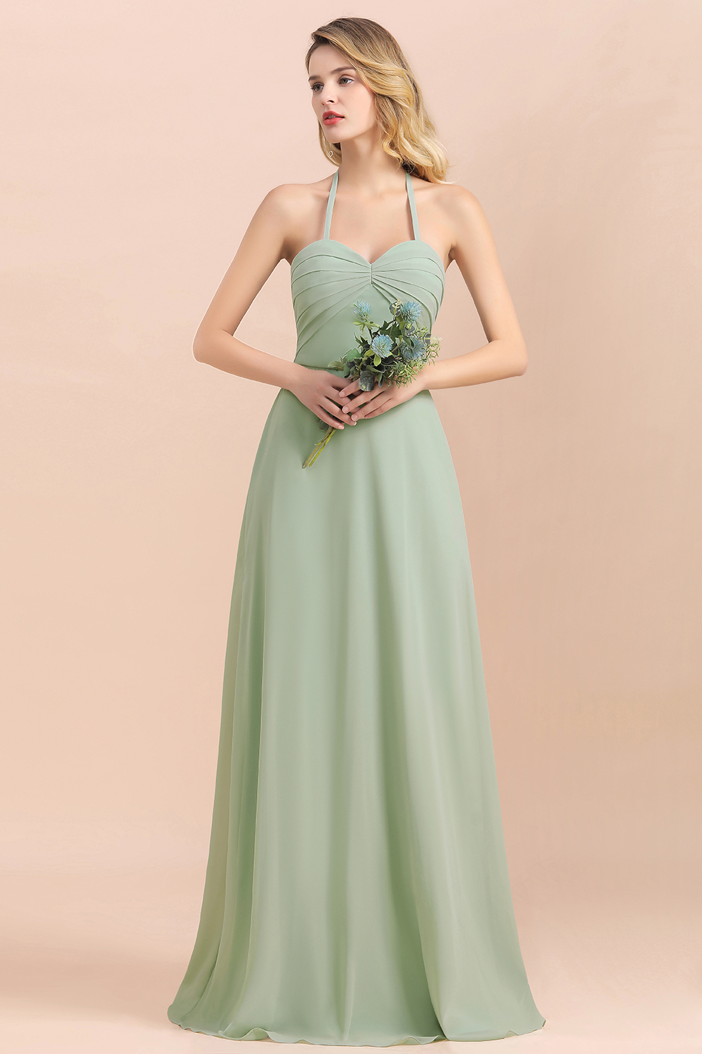 BMbridal Affordable Halter Sweetheart Chiffon Dusty Sage Bridesmaid Dresses-BMbridal