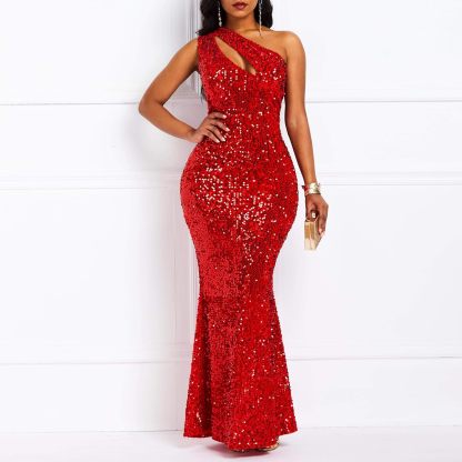 Sequins Fashion Sleeveless Oblique Collar Mermaid Women's Maxi Dress Bodycon Dress Party Dress-BMbridal.UK