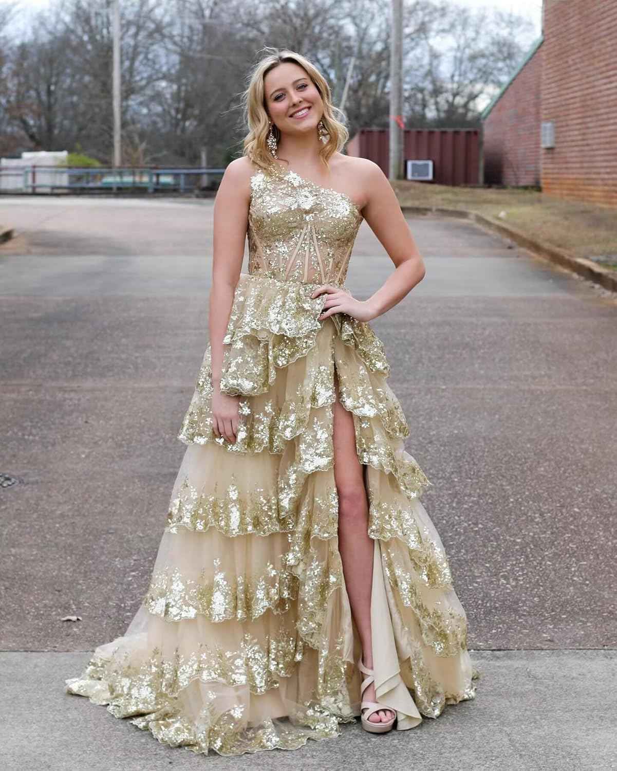 One Shoulder Lace Tulle Tiered Prom Dress Sparkly Sequined Applique Long Maxi Formal Evening Party Gowns 2025-BMbridal.UK