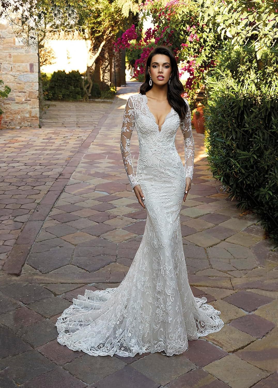 Loyeloy Women's Wedding Dresses for Bride 2025 Sexy V Neck Slit Lace Bridal Wedding Gowns for Bride YJ010-BMbridal.UK