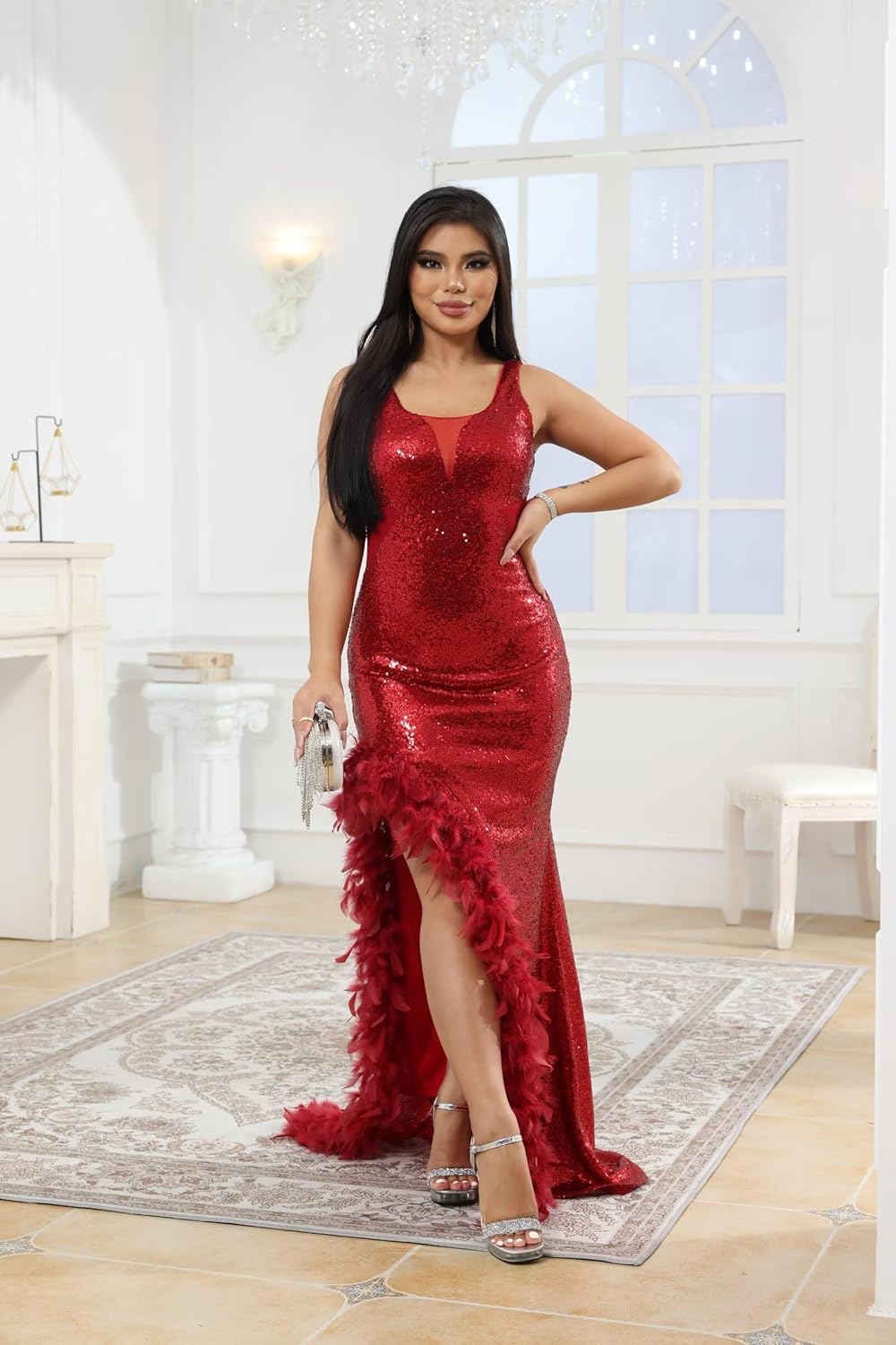 Women's Sexy Sequin Feather Prom Dresses 2025 High Slit Deep V Neck Evening Formal Masquerade Ball Gown Maxi Dress-BMbridal.UK