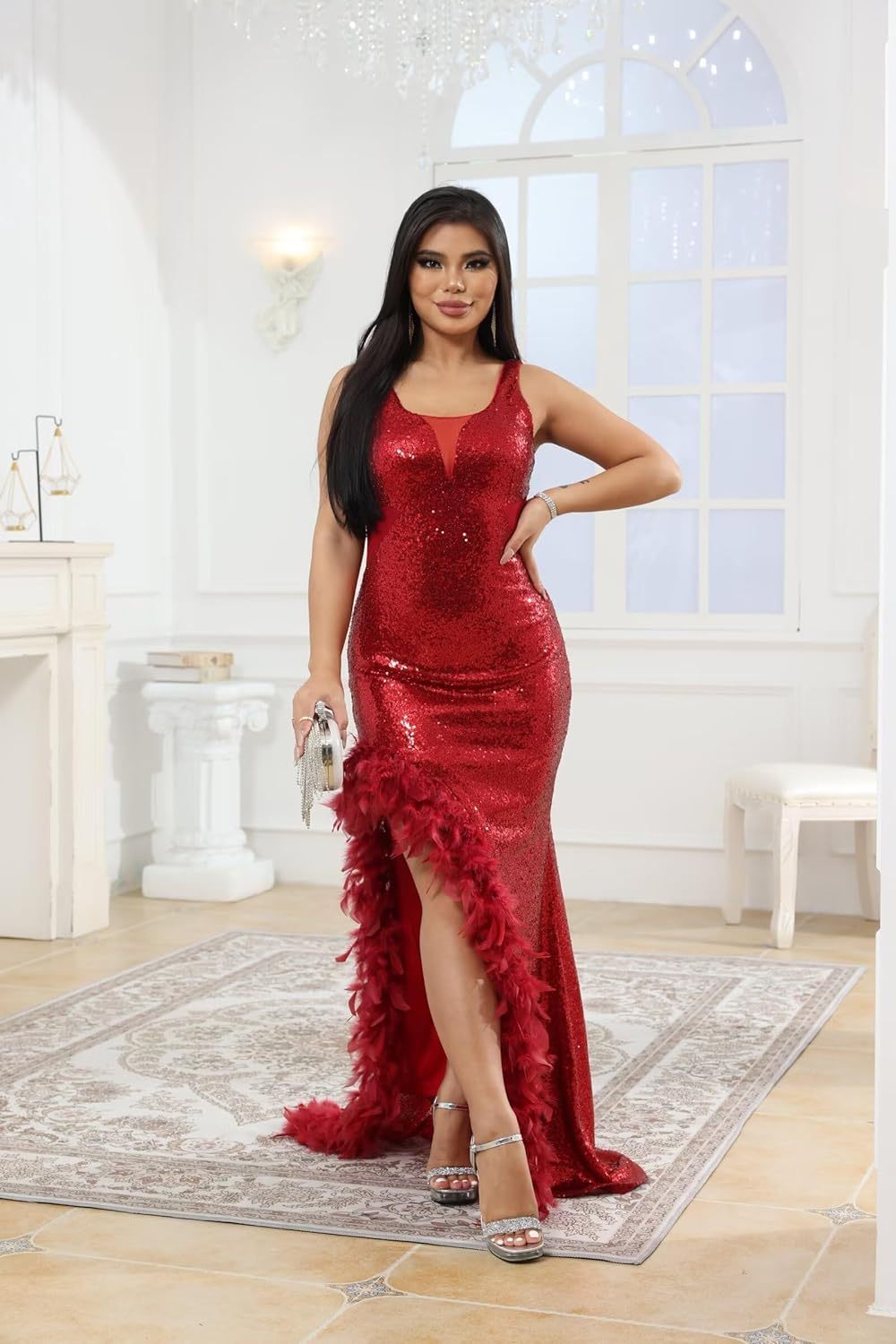 Women's Sexy Sequin Feather Prom Dresses 2025 High Slit Deep V Neck Evening Formal Masquerade Ball Gown Maxi Dress-BMbridal.UK