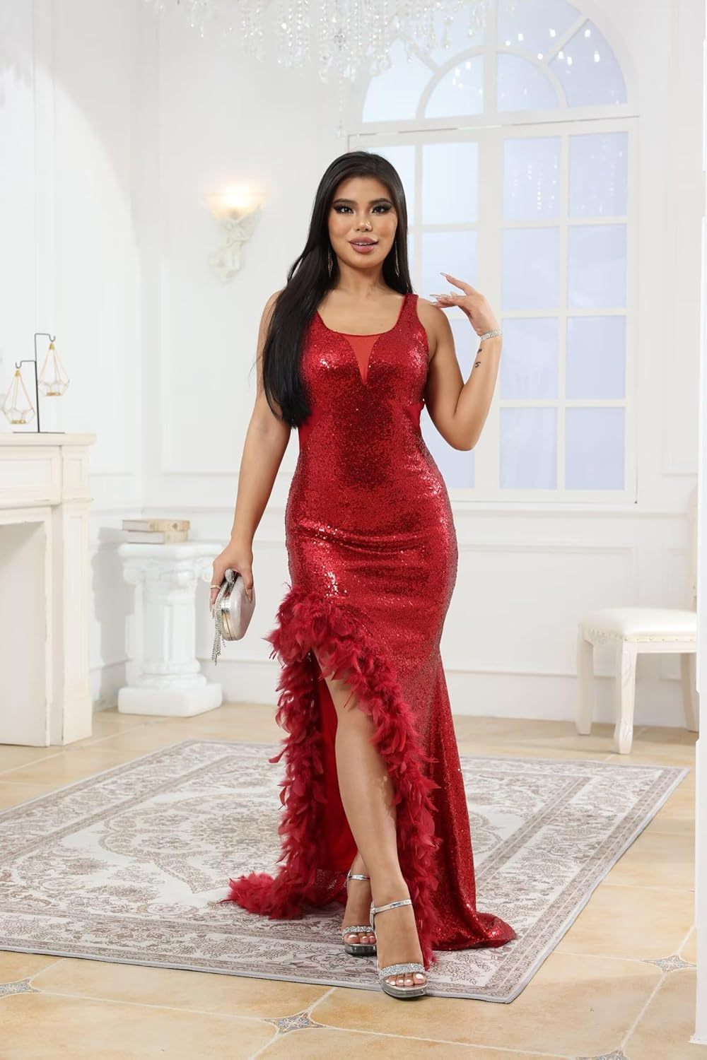 Women's Sexy Sequin Feather Prom Dresses 2025 High Slit Deep V Neck Evening Formal Masquerade Ball Gown Maxi Dress-BMbridal.UK