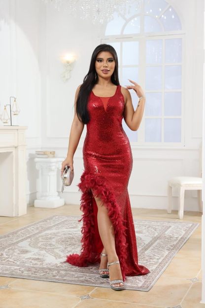 Women's Sexy Sequin Feather Prom Dresses 2025 High Slit Deep V Neck Evening Formal Masquerade Ball Gown Maxi Dress-BMbridal.UK