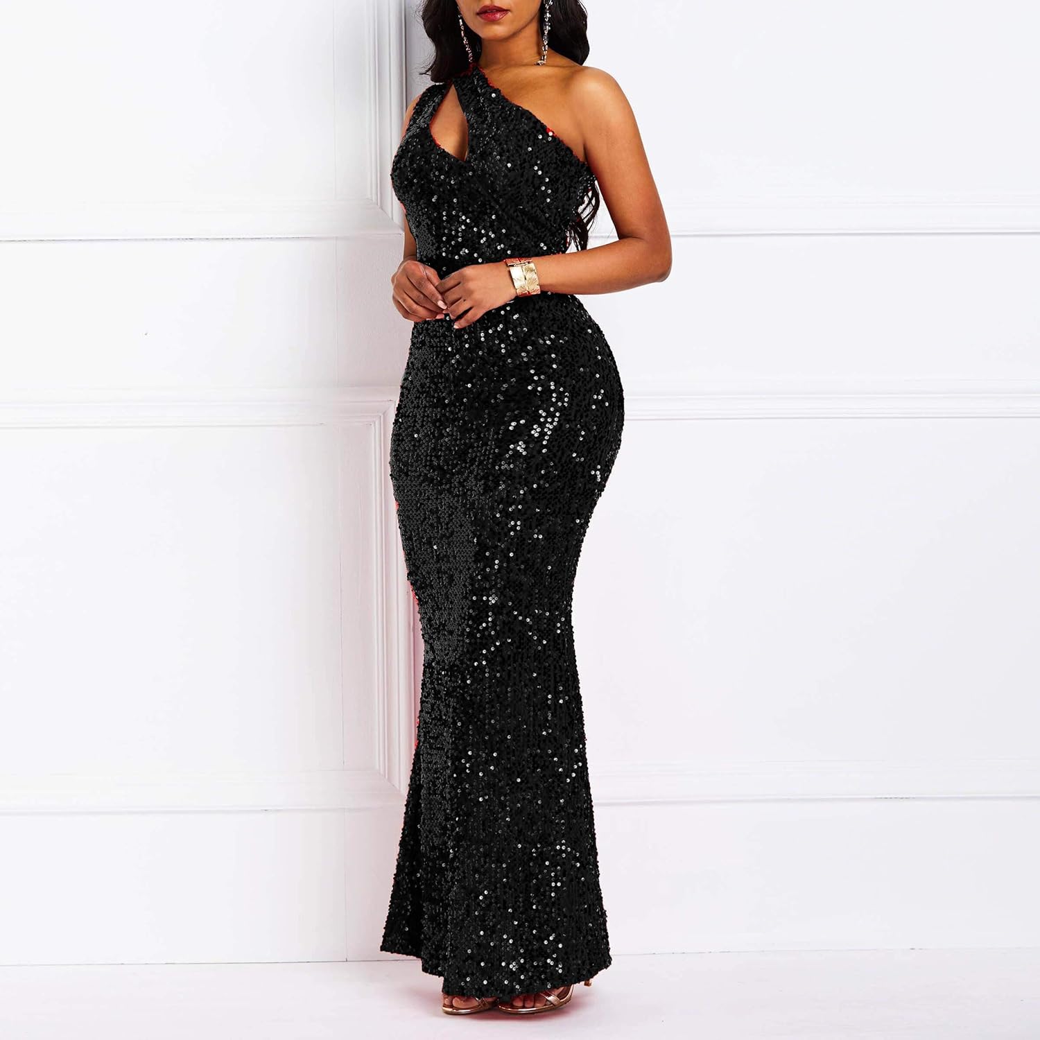 Sequins Fashion Sleeveless Oblique Collar Mermaid Women's Maxi Dress Bodycon Dress Party Dress-BMbridal.UK