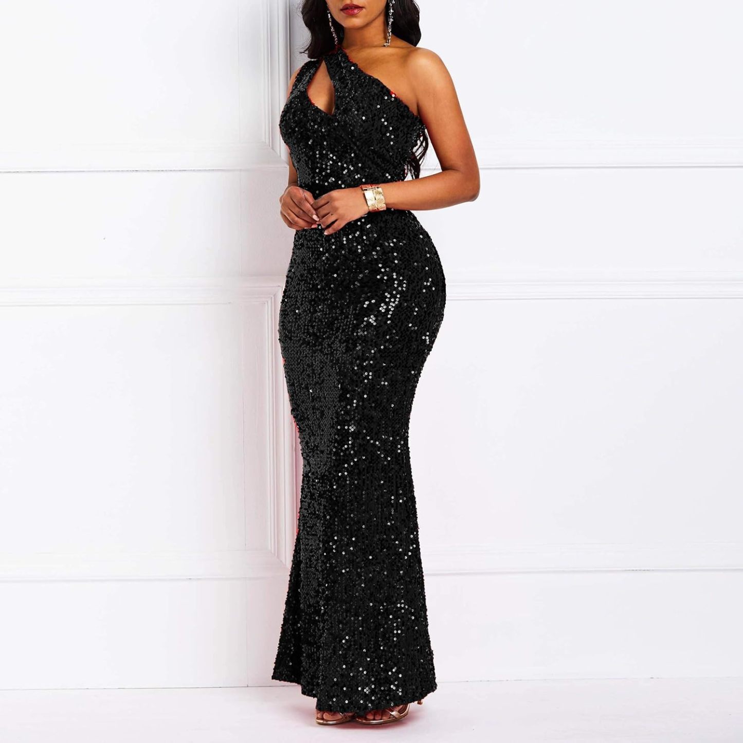 Sequins Fashion Sleeveless Oblique Collar Mermaid Women's Maxi Dress Bodycon Dress Party Dress-BMbridal.UK