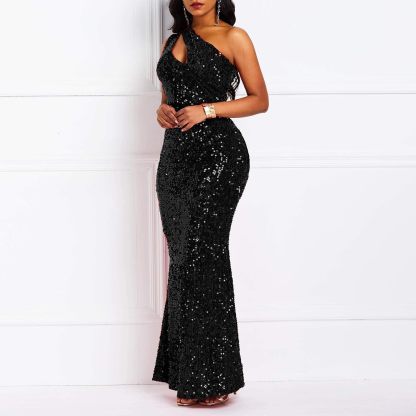 Sequins Fashion Sleeveless Oblique Collar Mermaid Women's Maxi Dress Bodycon Dress Party Dress-BMbridal.UK