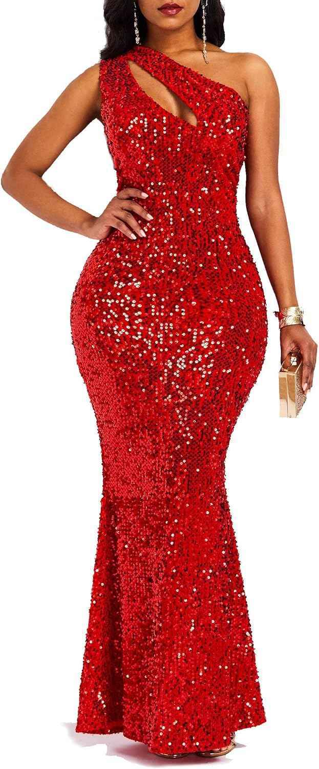 Sequins Fashion Sleeveless Oblique Collar Mermaid Women's Maxi Dress Bodycon Dress Party Dress-BMbridal.UK