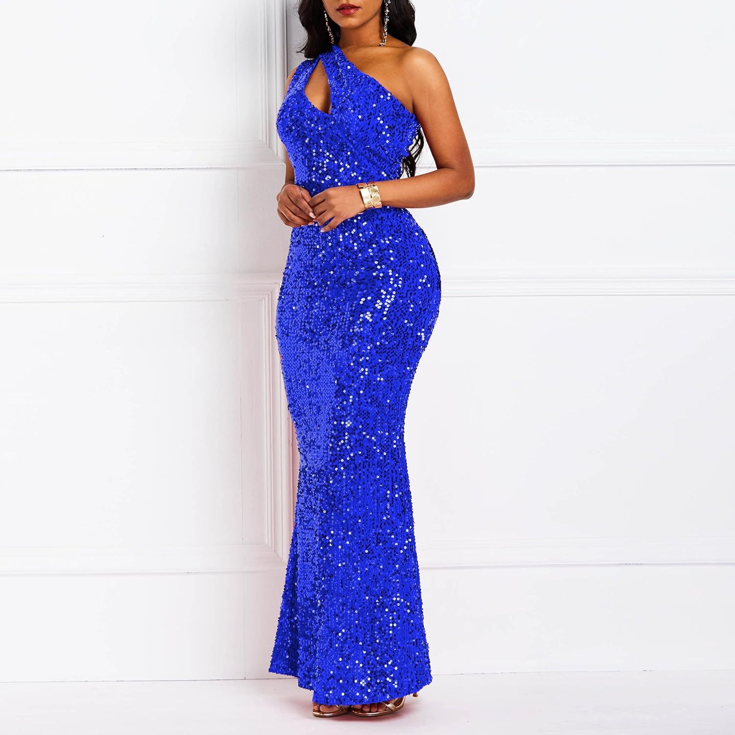Sequins Fashion Sleeveless Oblique Collar Mermaid Women's Maxi Dress Bodycon Dress Party Dress-BMbridal.UK