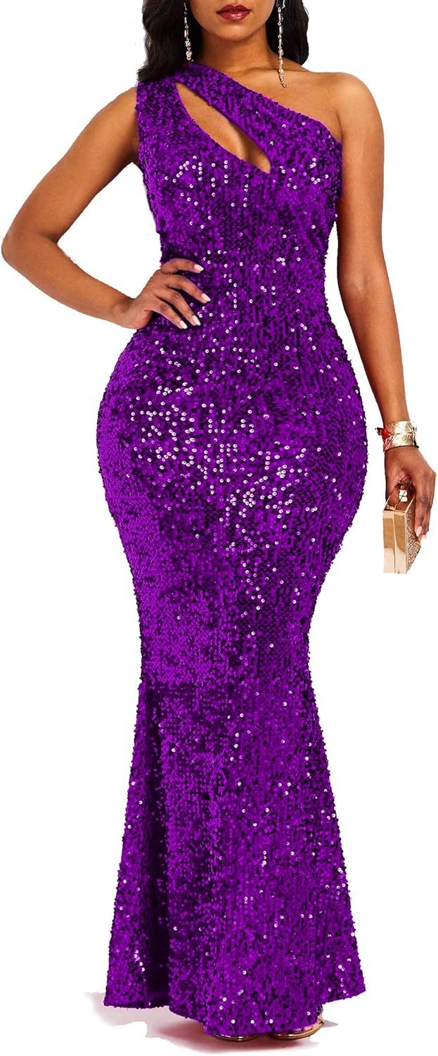 Sequins Fashion Sleeveless Oblique Collar Mermaid Women's Maxi Dress Bodycon Dress Party Dress-BMbridal.UK