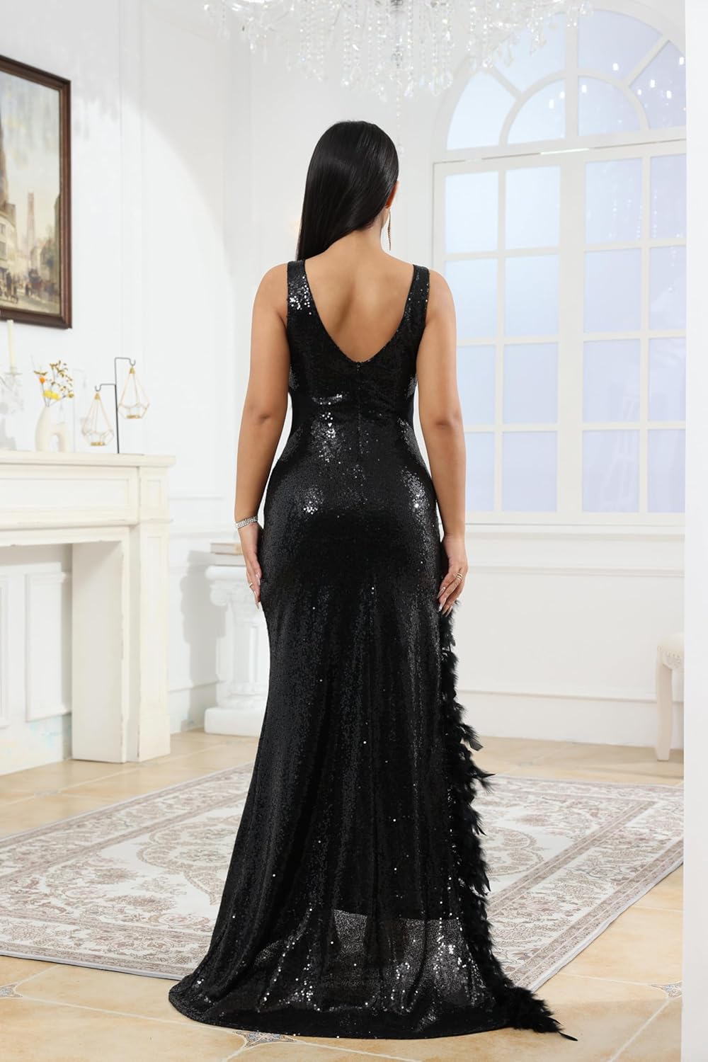 Women's Sexy Sequin Feather Prom Dresses 2025 High Slit Deep V Neck Evening Formal Masquerade Ball Gown Maxi Dress-BMbridal.UK