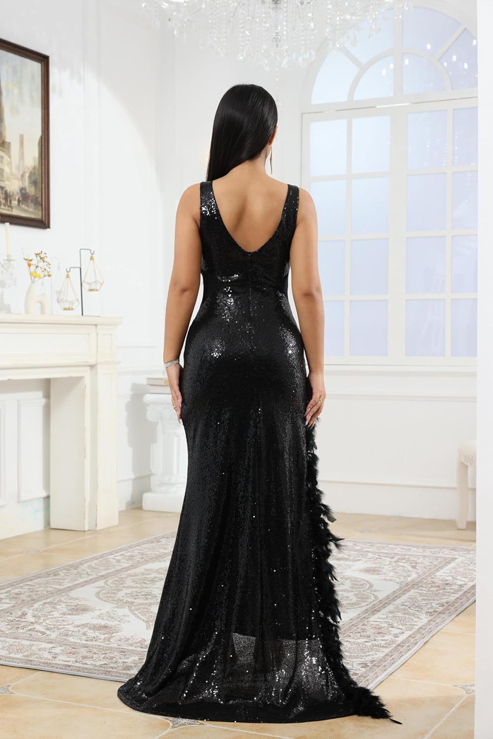 Women's Sexy Sequin Feather Prom Dresses 2025 High Slit Deep V Neck Evening Formal Masquerade Ball Gown Maxi Dress-BMbridal.UK