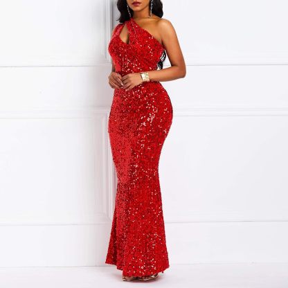 Sequins Fashion Sleeveless Oblique Collar Mermaid Women's Maxi Dress Bodycon Dress Party Dress-BMbridal.UK