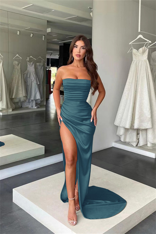 Amazing Coral Strapless Mermaid Prom Dress With Pleated Split