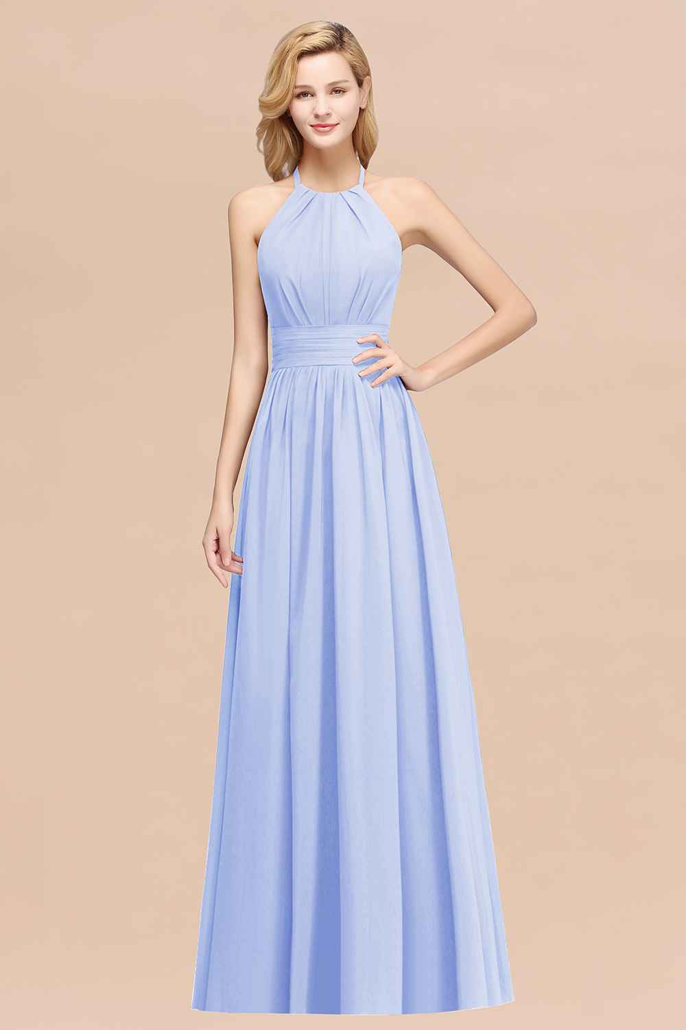BMbridal Elegant High-Neck Halter Long Affordable Bridesmaid Dresses with Ruffles-BMbridal