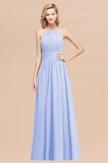 BMbridal Elegant High-Neck Halter Long Affordable Bridesmaid Dresses with Ruffles-BMbridal
