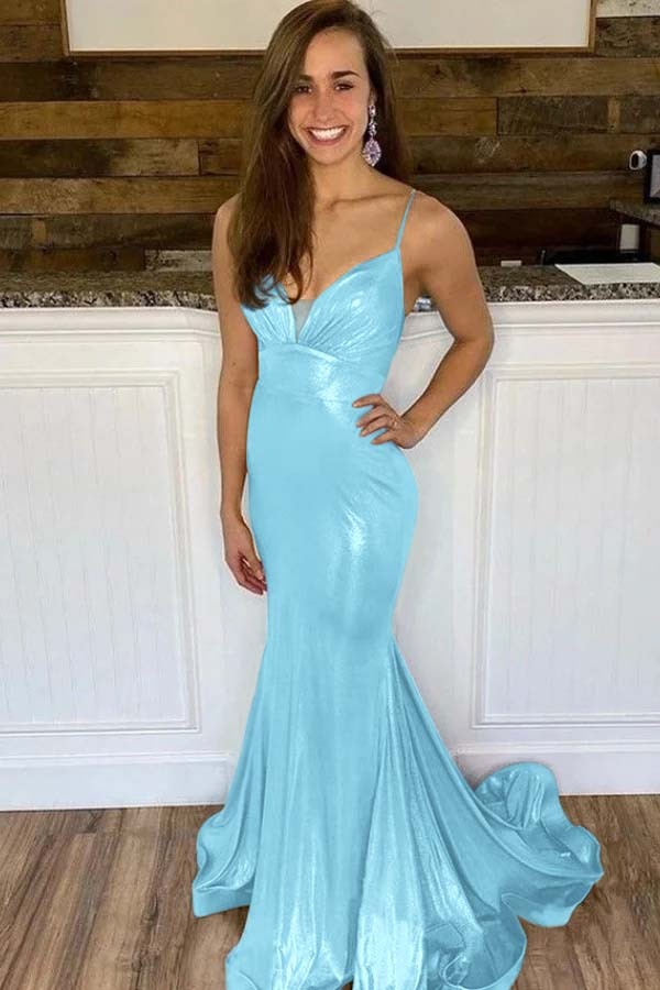 Spaghetti Strap Sleeveless Long Mermaid Prom Dress With Ruffles