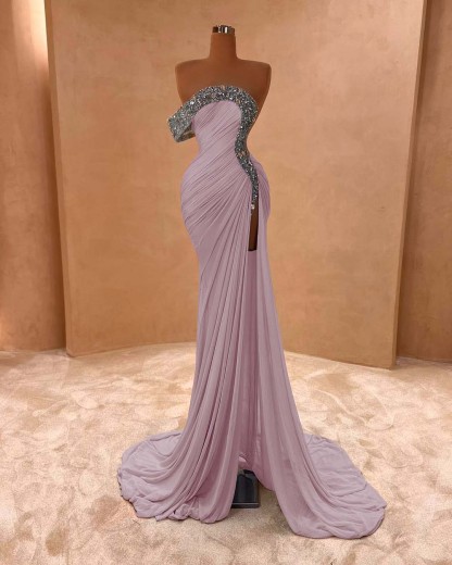 One Shoulder Sleeveless Long Split Prom Dress With Pleated Sequins