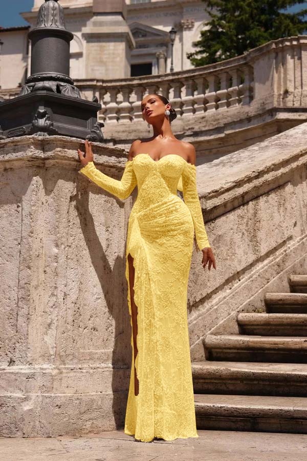 Off the Shoulder Long Sleeves Long Mermaid Prom Dress With Lace Appliques