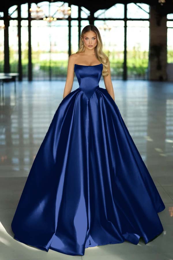 Strapless Sleeveless Long A Line Prom Dress With Pockets Pleated