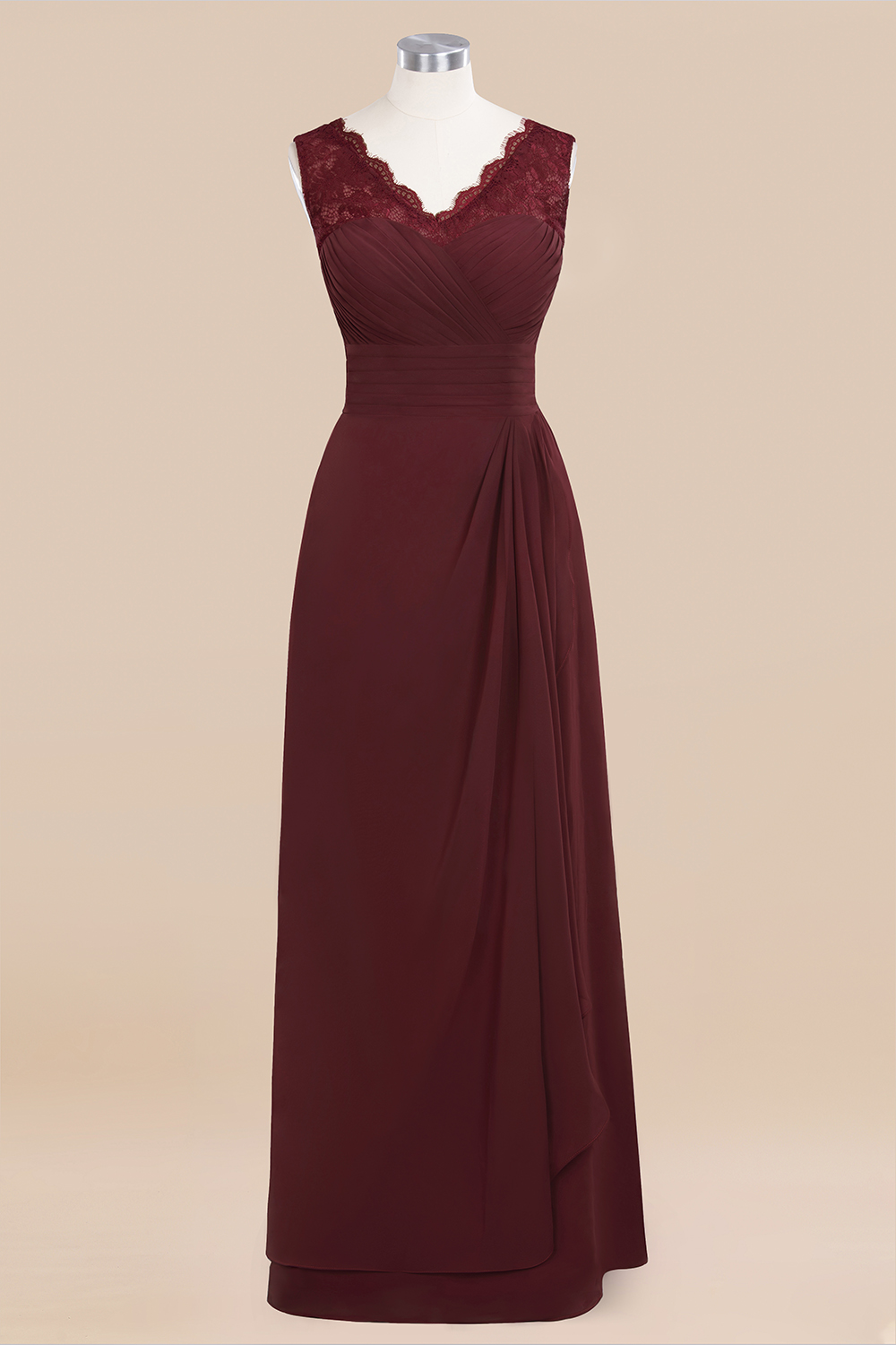 BMbridal Elegant Lace V-Neck Burgundy Chiffon Bridesmaid Dresses with Ruffle-BMbridal