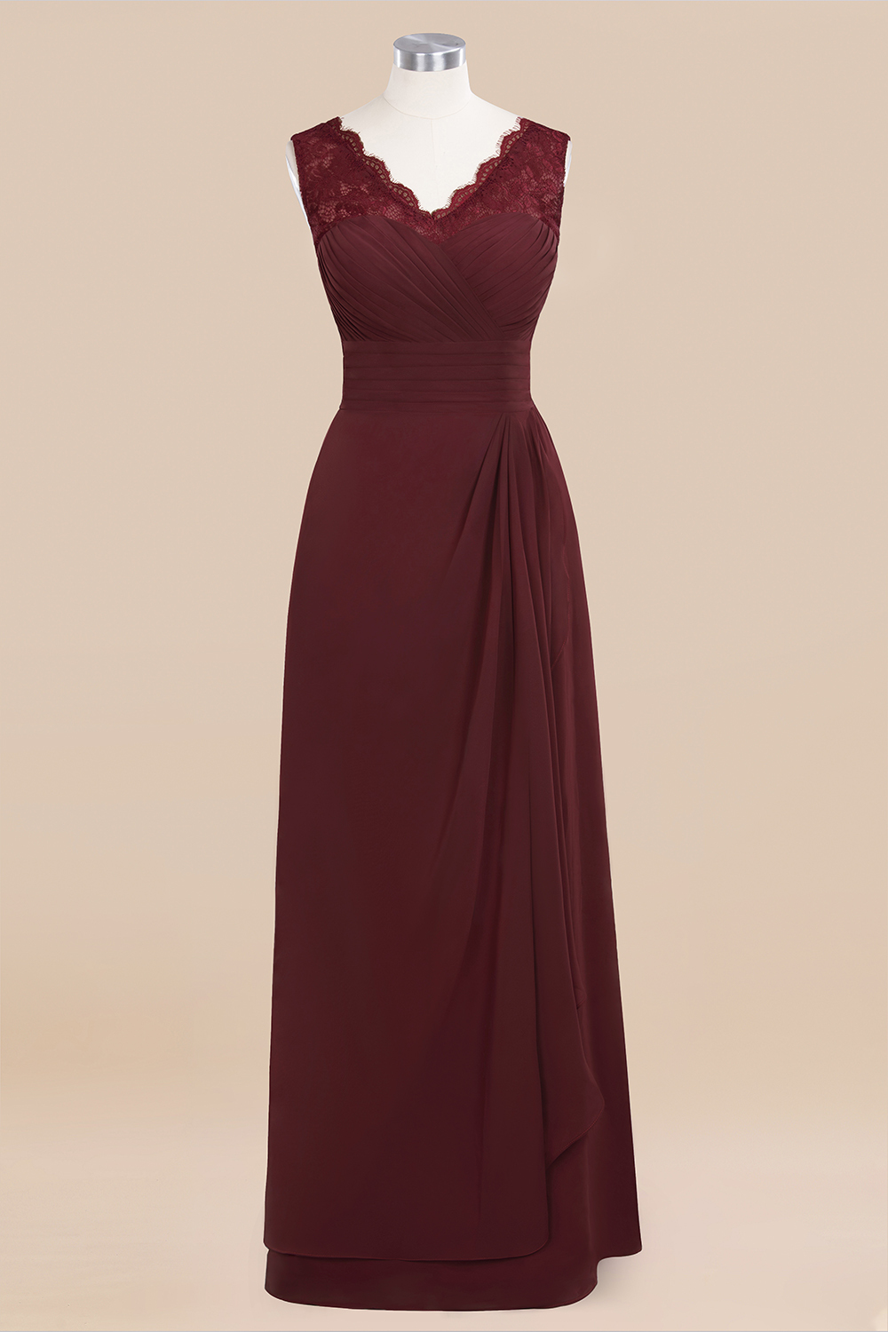 BMbridal Elegant Lace V-Neck Burgundy Chiffon Bridesmaid Dresses with Ruffle-BMbridal