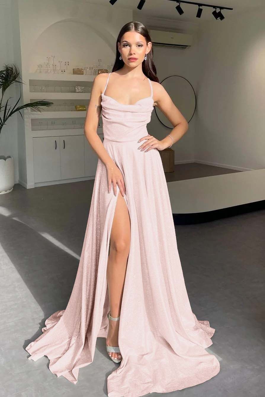 Halter Sleeveless Long Split Prom Dress With Pleated Sequins