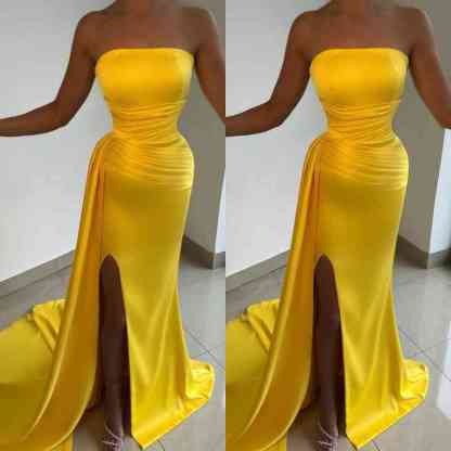Yellow Strapless Sleeveless Ruffles Prom Dress Court With Split