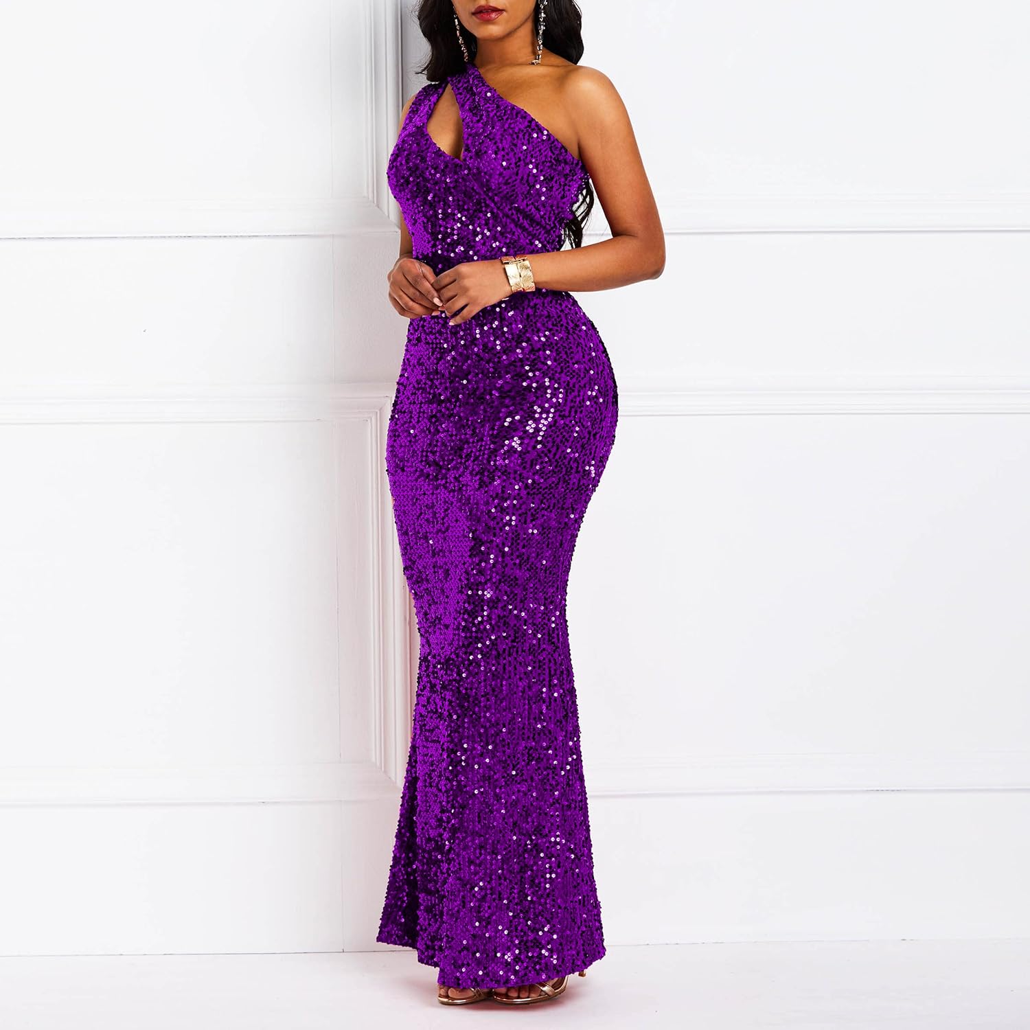 Sequins Fashion Sleeveless Oblique Collar Mermaid Women's Maxi Dress Bodycon Dress Party Dress-BMbridal.UK