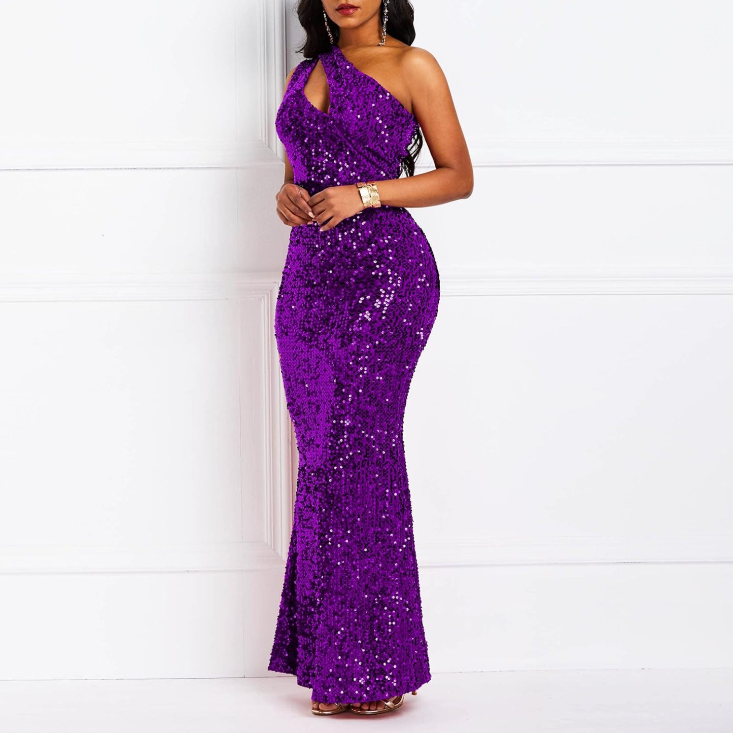 Sequins Fashion Sleeveless Oblique Collar Mermaid Women's Maxi Dress Bodycon Dress Party Dress-BMbridal.UK
