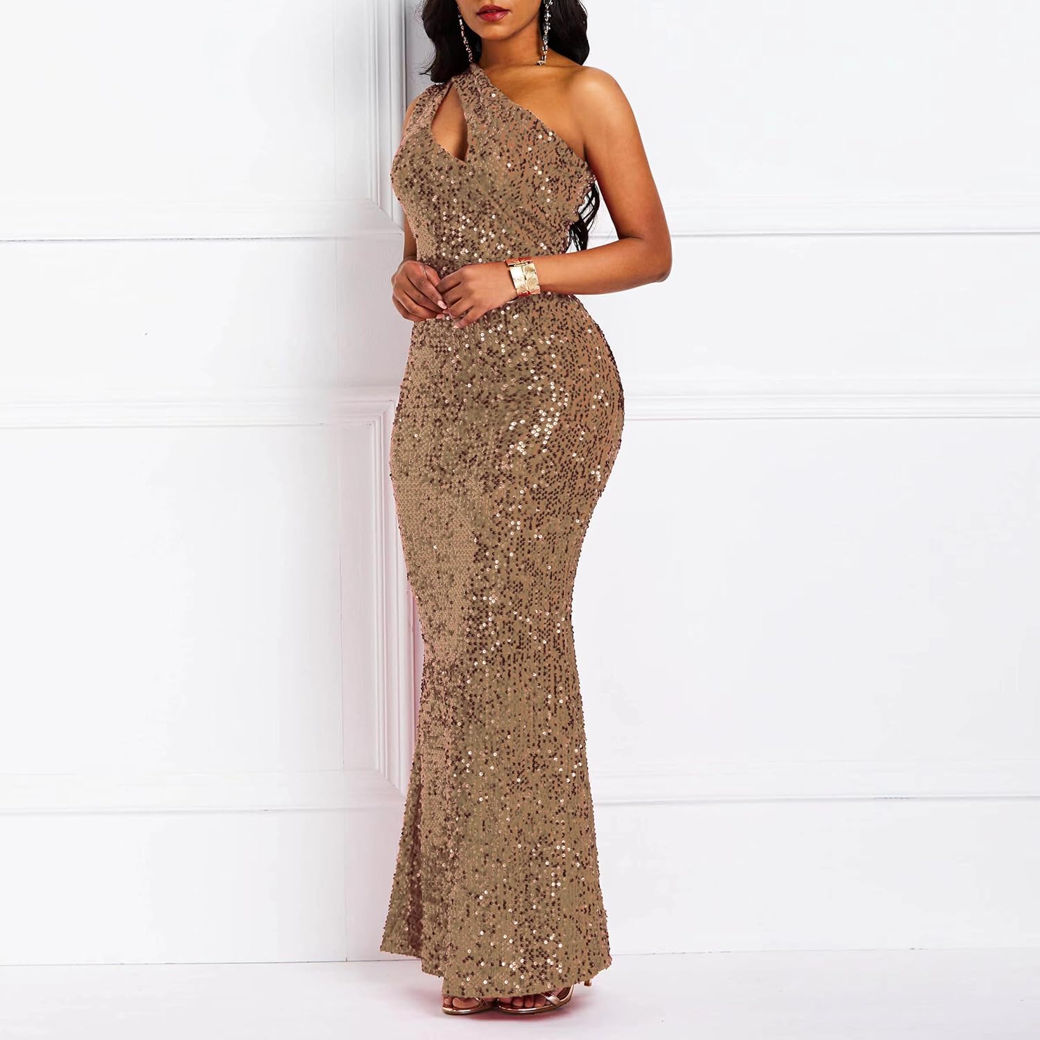 Sequins Fashion Sleeveless Oblique Collar Mermaid Women's Maxi Dress Bodycon Dress Party Dress-BMbridal.UK