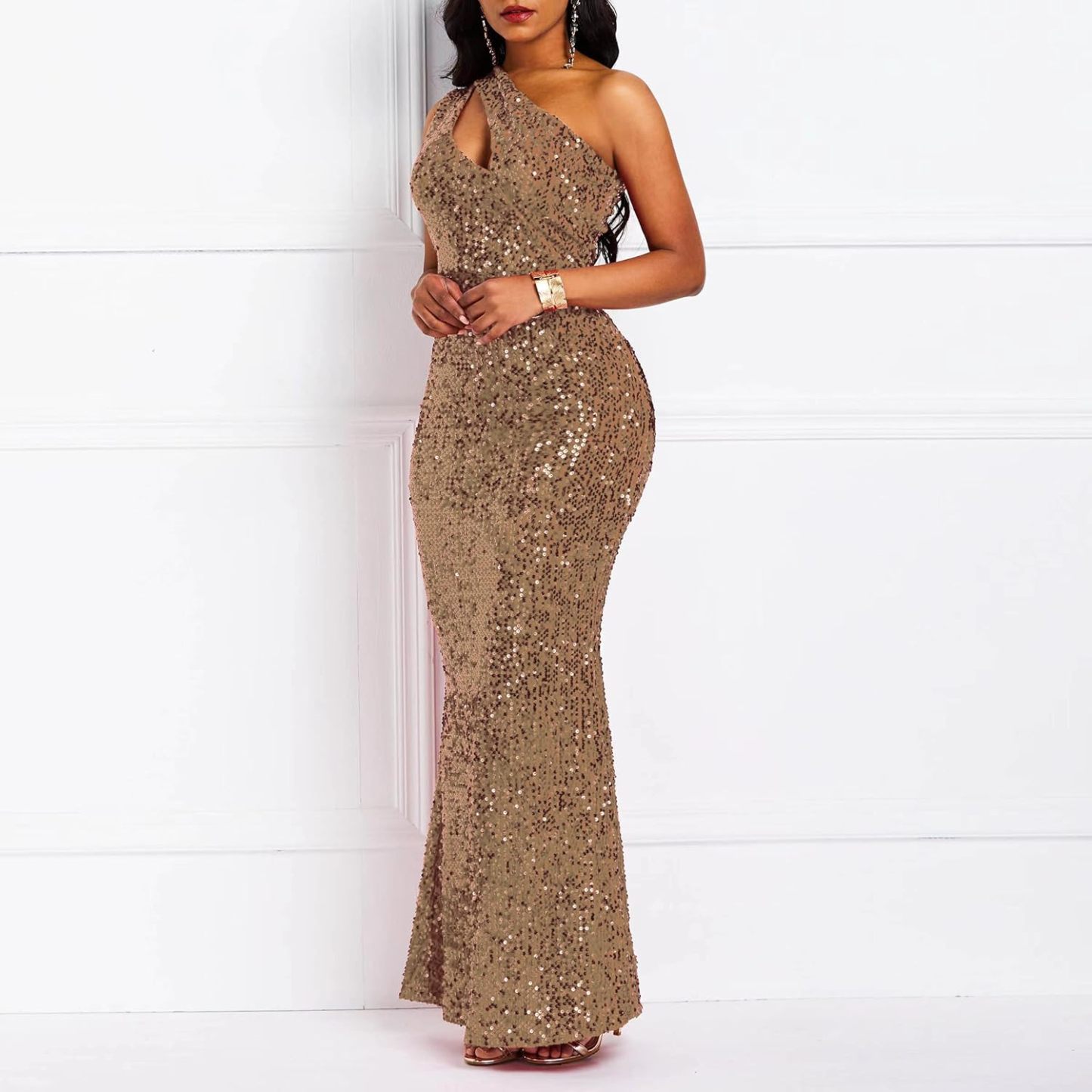 Sequins Fashion Sleeveless Oblique Collar Mermaid Women's Maxi Dress Bodycon Dress Party Dress-BMbridal.UK