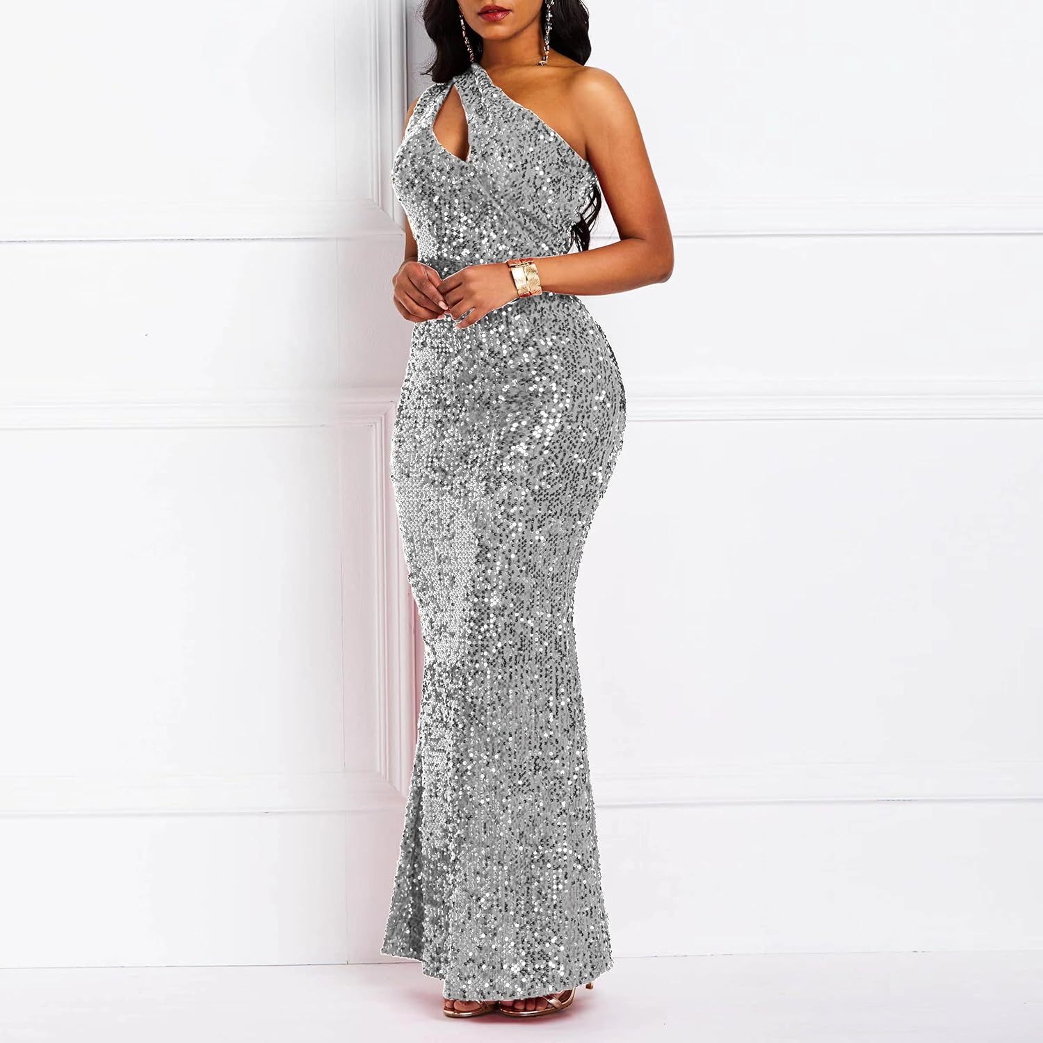 Sequins Fashion Sleeveless Oblique Collar Mermaid Women's Maxi Dress Bodycon Dress Party Dress-BMbridal.UK
