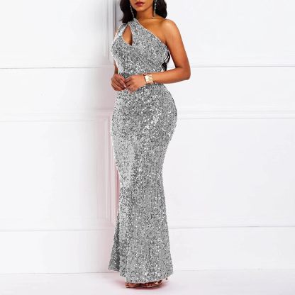 Sequins Fashion Sleeveless Oblique Collar Mermaid Women's Maxi Dress Bodycon Dress Party Dress-BMbridal.UK