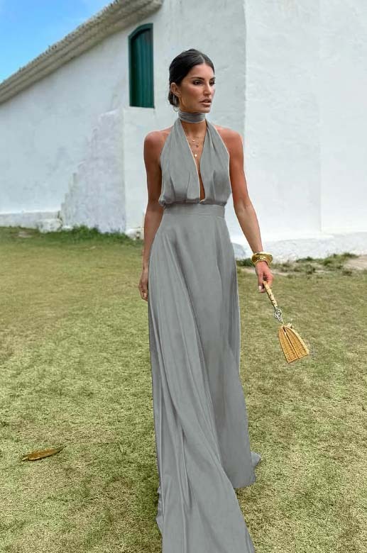 Charming Sleeveless Halter V Neck Long Prom Dress With Pleated