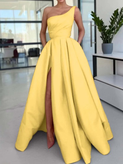 One Shoulder Sleeveless Long High Split Prom Dress With Pockets