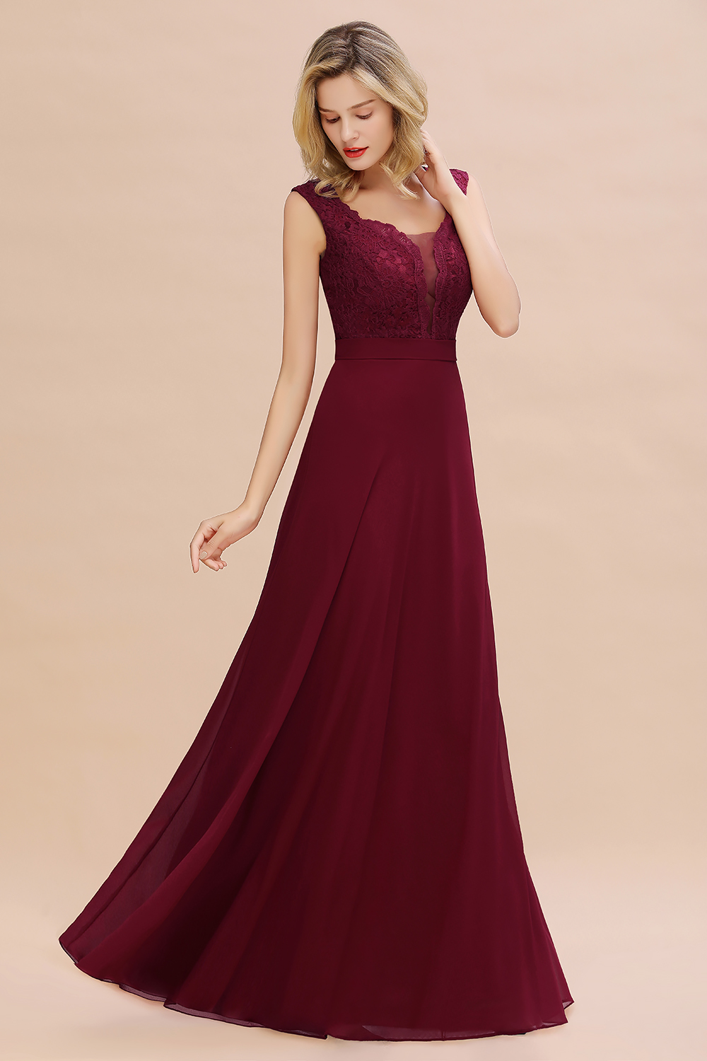 BMbridal Elegant Lace Deep V-Neck Burgundy Bridesmaid Dress Affordable-BMbridal