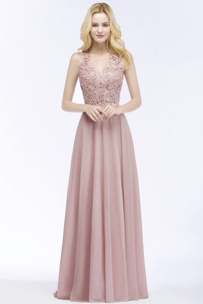 BMbridal Chic Lace V-neck Pink Chiffon Bridesmaid Dress with Pearls-BMbridal