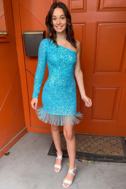 Sparkly Blue Sequined One Shoulder Tight Short Homecoming Dress with Fringes