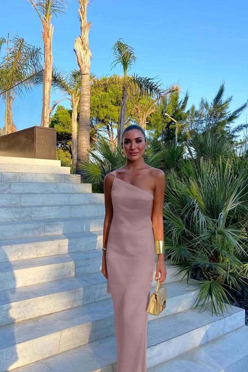 One Shoulder Backless Sleeveless Long Prom Dress With Pleated